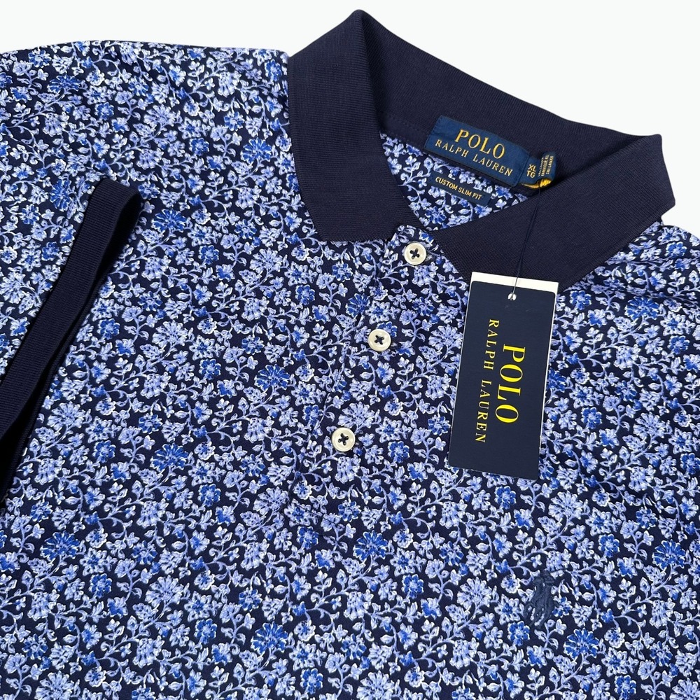 Polo Ralph Lauren Polo Shirt Mens XL Navy Blue Floral Custom Slim Fit Cotton